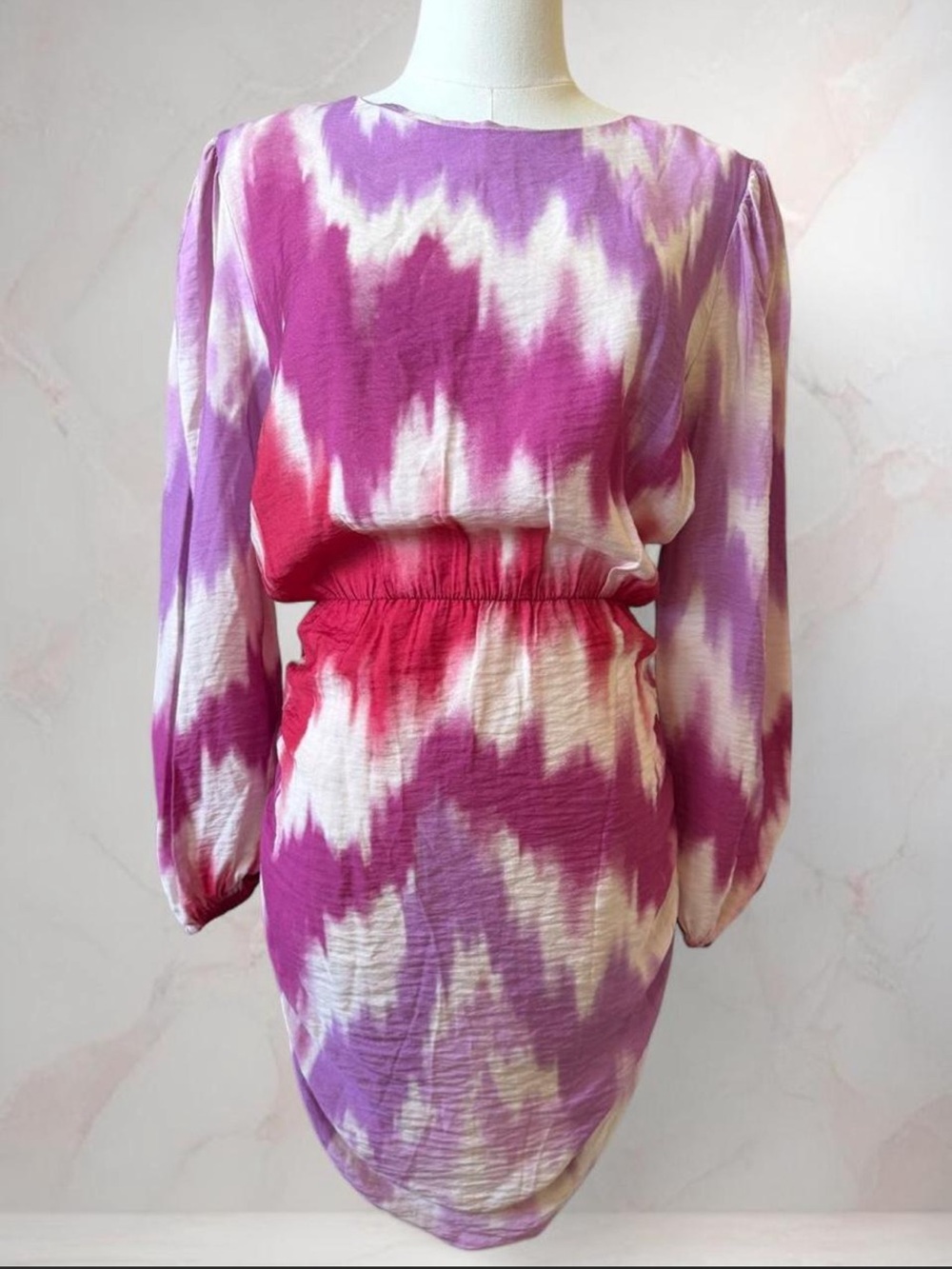 Maje Women’s Medium Tie-Dye Mini Dress, Open Back. Purple, Pink & White